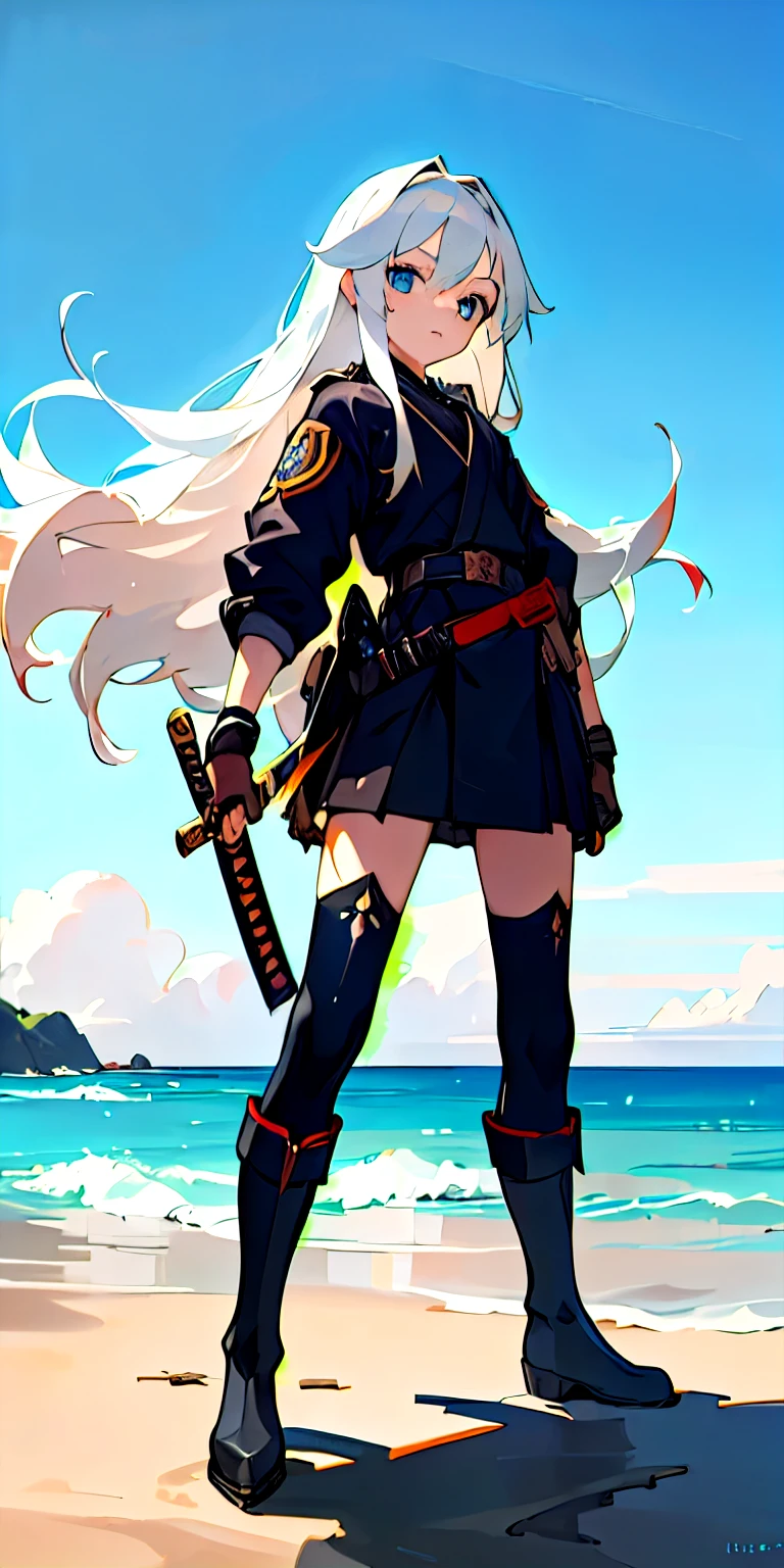 (best quality,ultra-detailed),1girl,12-year-old,combat outfit,high black boots,katana at her waist,long white hair,blue eyes,ocean in the background,anime style,warm color tone,soft lighting