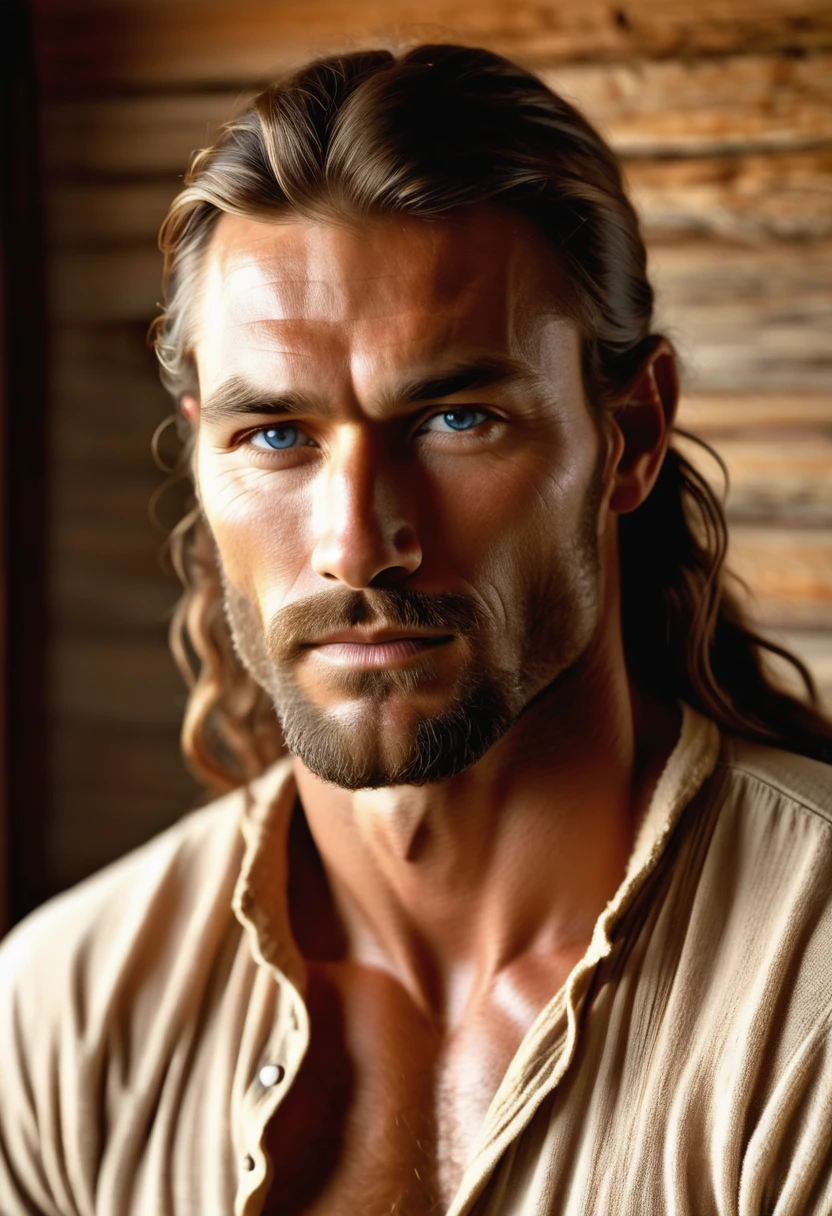 (highly detailed, soft light, detailed face, detailed skin, detailed eyes, photorealistic, dynamic light; cinematic); 1820's; 35 years old man; 3/4-German 1/4-Sioux Indian mix; 1820's fur-trader; leadership figure; strikingly handsome; wild man; defined cheekbones; defined strong jawline; longer chin; handsome face; strapping; tough confident expression; masculine face; charismatic; grizzled; sensual; strong German nose; manly passionate air; very attractive; burly broad figure with strong shoulders; ruddy weathered skin; long stubble beard; natural light-blue eyes; thick strong chestnut-brown eyebrows; fully naked with hairy heavily muscled chest; long tousled chestnut-brown hair pulled back in a single ponytail; full firm masculine lips; laying back on a simple rustic 1820s bed in a 1820's Canadian settlement house; laying in inviting and erotic pose; intimate sexually-charged atmosphere; natural light-blue eyes; 3/4-German 1/4-Sioux Indian mix; looking at camera