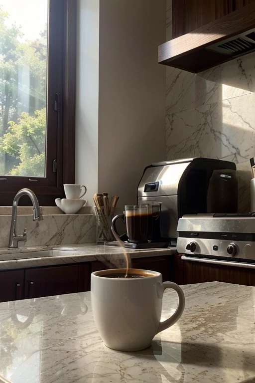 I can't generate images directly, but I can certainly help you visualize it! Imagine a sleek, modern kitchen with a marble countertop. On the countertop sits a stylish espresso machine, steam gently rising from its spout. Next to it, there's a minimalist white mug filled with rich, dark coffee. But what makes it unique is the swirl of mushroom extract infused into the coffee, creating an intriguing pattern that catches the light just so. The scene is bathed in warm morning sunlight streaming through a nearby window, promising a tranquil start to the day.
