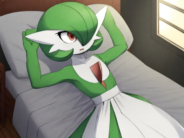 1girl, solo, gardevoir, creatures \(company\), game freak, nintendo, pokemon, pokemon \(game\), bangs, colored skin, female focus, gen 3 pokemon, green hair, green skin, hair over one eye, multicolored skin, pokemon \(creature\), red eyes, short hair, two-tone skin, white skin, at home, empty eyes, dull eyes, blank eyes, blank expression, hypnotized, dazed, blank, enthralled, cocktail dress