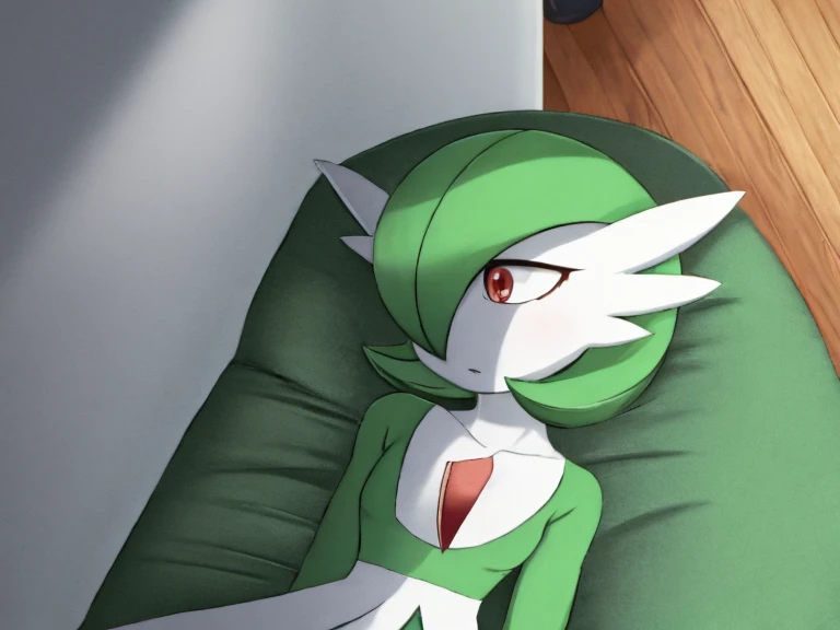 1girl, solo, gardevoir, creatures \(company\), game freak, nintendo, pokemon, pokemon \(game\), bangs, colored skin, female focus, gen 3 pokemon, green hair, green skin, hair over one eye, multicolored skin, pokemon \(creature\), red eyes, short hair, two-tone skin, white skin, at home, empty eyes, dull eyes, blank eyes, blank expression, hypnotized, dazed, blank, enthralled, cocktail dress