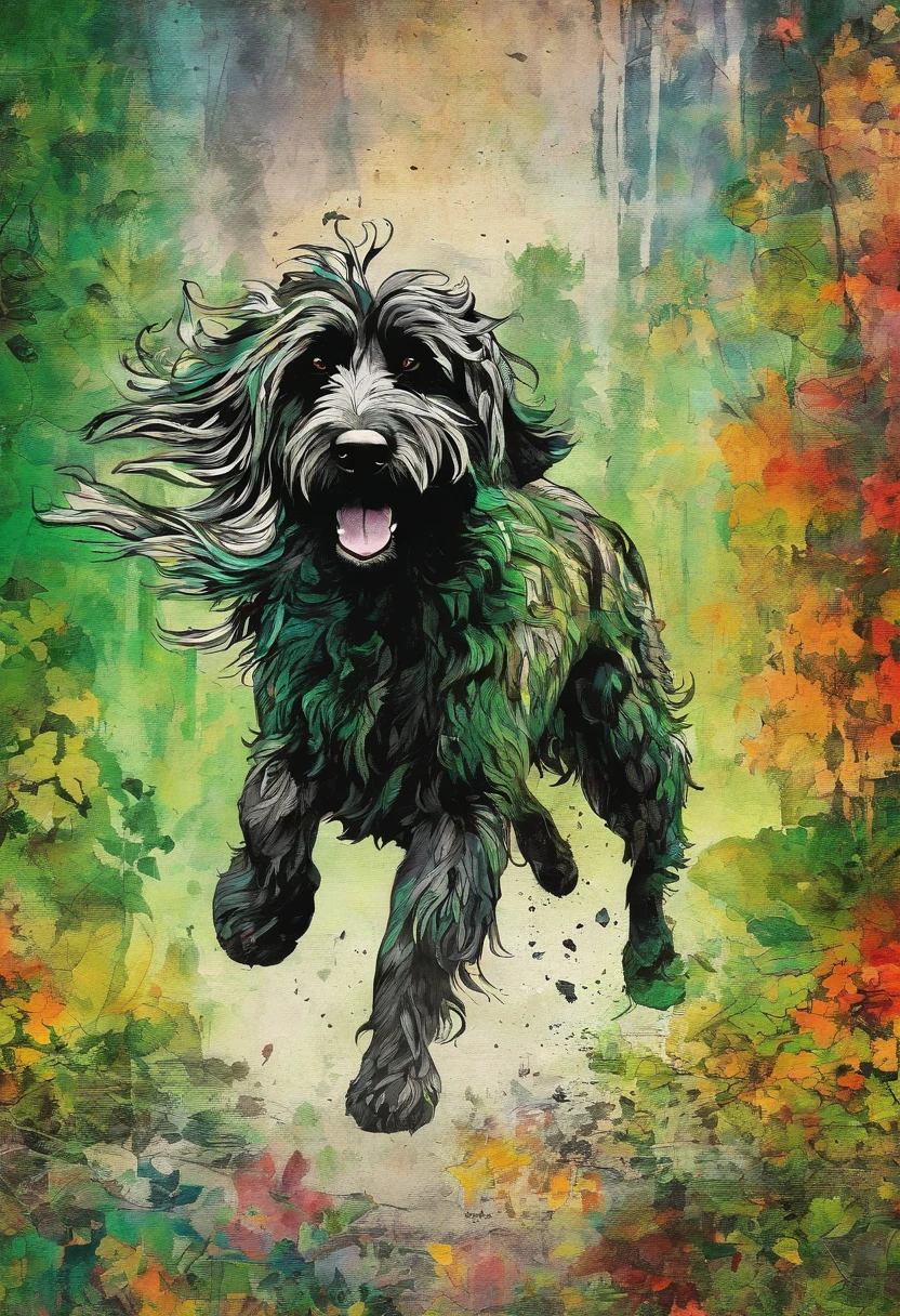 Briard rushes into the air, danger, mouvement pressé impatience, posture galopante, regard urgent, green forest background :2 colorful ink painting ::2 art fantasy