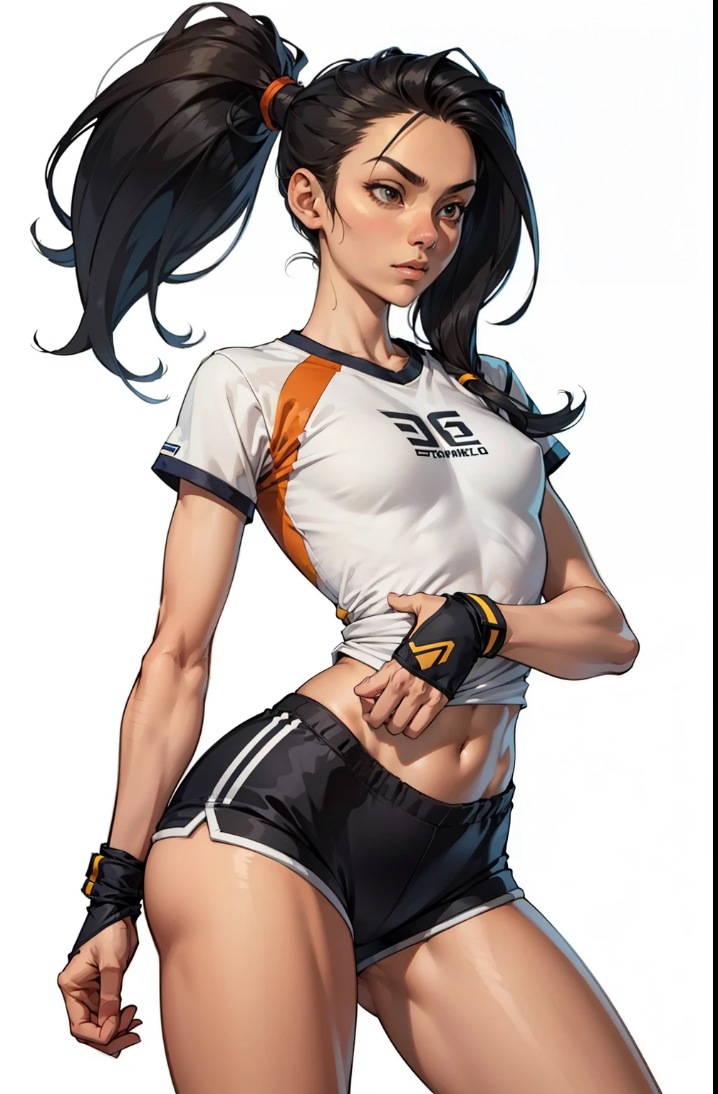 girl, skinny, strong legs, long strait hair, small, shy, big ass, volleybal shorts, volleybal shirt, dynamic pose, hot, soft or colored lips, simple background, perfect hands, perfect anatomy, leans 