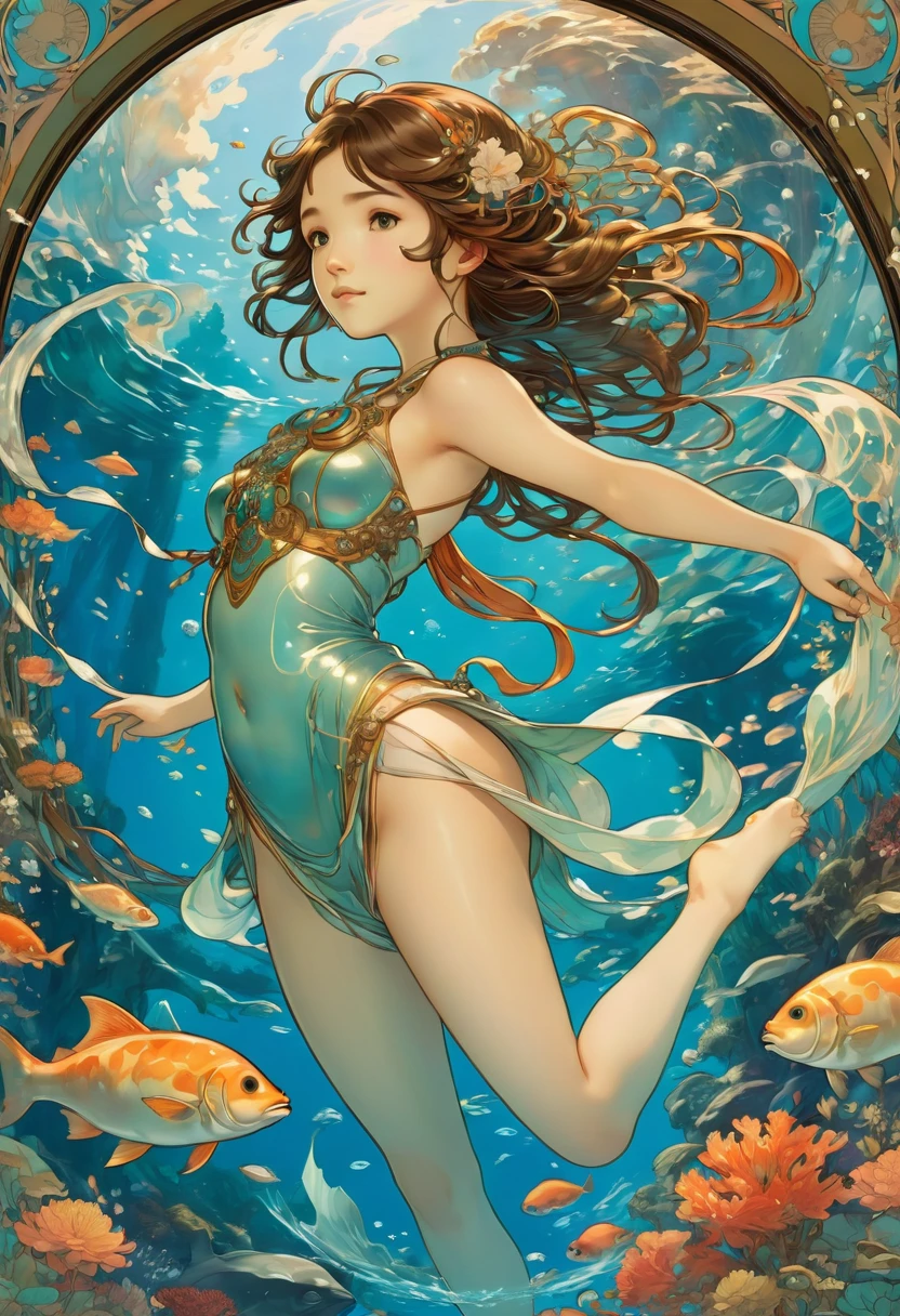 Diving, by Studio Ghibli and Alphonse Mucha, best quality, masterpiece, very aesthetic, perfect composition, intricate details, ultra-detailed