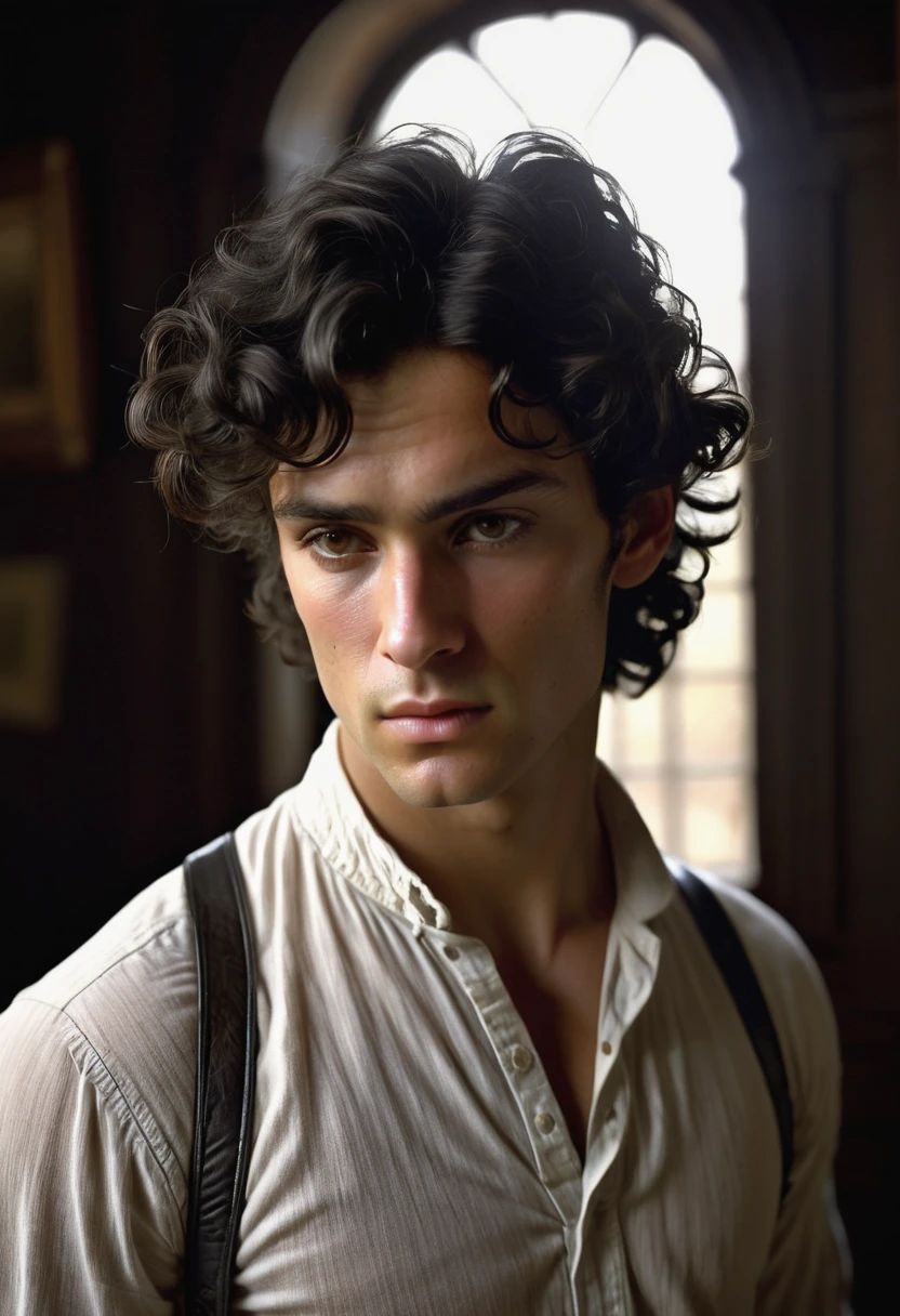 (highly detailed, soft light, photorealistic, dynamic light; cinematic); victorian era; 1820s; 24 years old man; Spanish-English mix; 1820s Anglican priest; incredibly attractive; dark and brooding; masculine yet beautiful; helpless longing stare; confused expression; Adonis; moody; intense; Spanish nose; sensual; amorous air; very attractive; lean figure; olive skin; stubble; hazel-green eyes; thick strong dark-brown eyebrows; long full sideburns; 1820s simple woolen collarless shirt; 1820s leather suspenders holding up pants; naked chest with dark-brown hair; short tousled dark-brown wavy hair; full luscious moist lips, parted; mouth slightly open; standing in a cosy 1820's Canadian settlement house; Spanish-English mix; 1820s Anglican priest; looking at camera