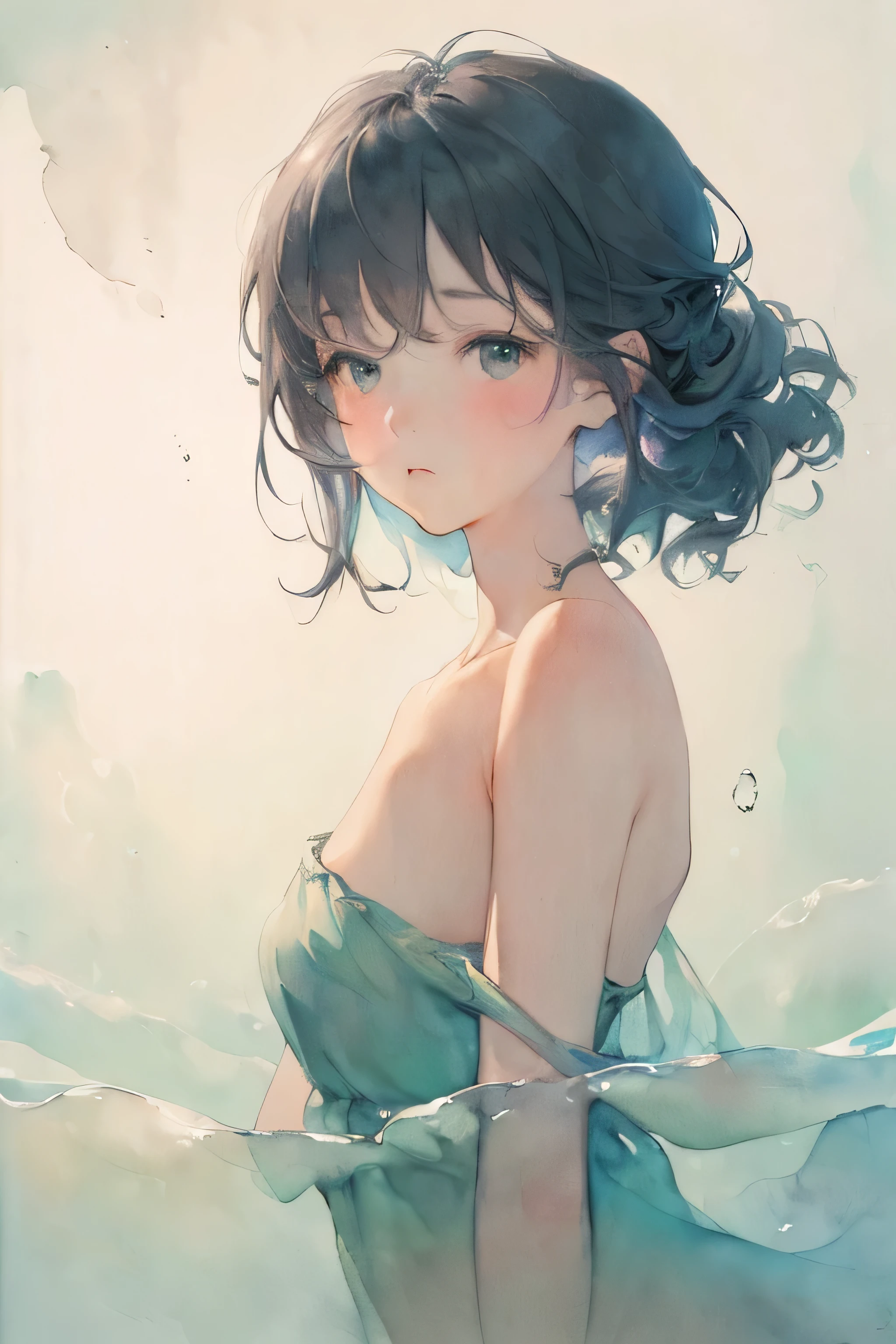 (masterpiece:1.1, High resolution:1.4) , 1 girl, Watercolor style, (Soft Blending:1.2) , Fluid colors, Dreamy wash, Delicate texture, Organic Shapes, Atmospheric Depth, bubble, Limited color,