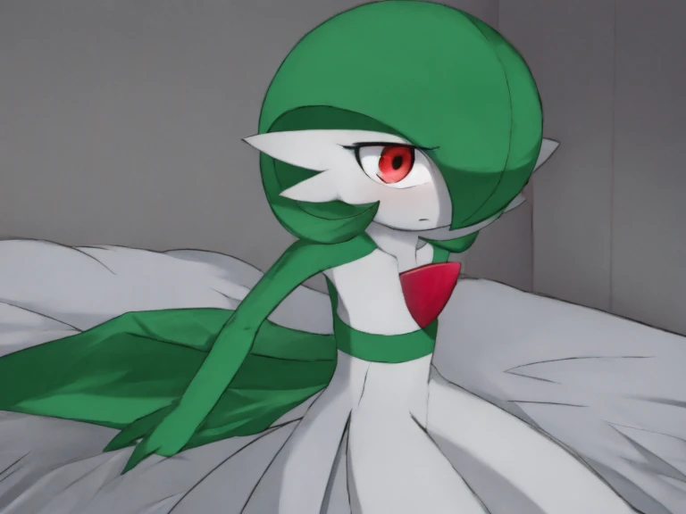 1girl, solo, gardevoir, creatures \(company\), game freak, nintendo, pokemon, pokemon \(game\), bangs, colored skin, female focus, sad, gen 3 pokemon, green hair, green skin, hair over one eye, multicolored skin, pokemon \(creature\), red eyes, short hair, two-tone skin, white skin, at home, empty eyes, dull eyes, blank eyes, blank expression, hypnotized, dazed, blank, enthralled, cocktail dress