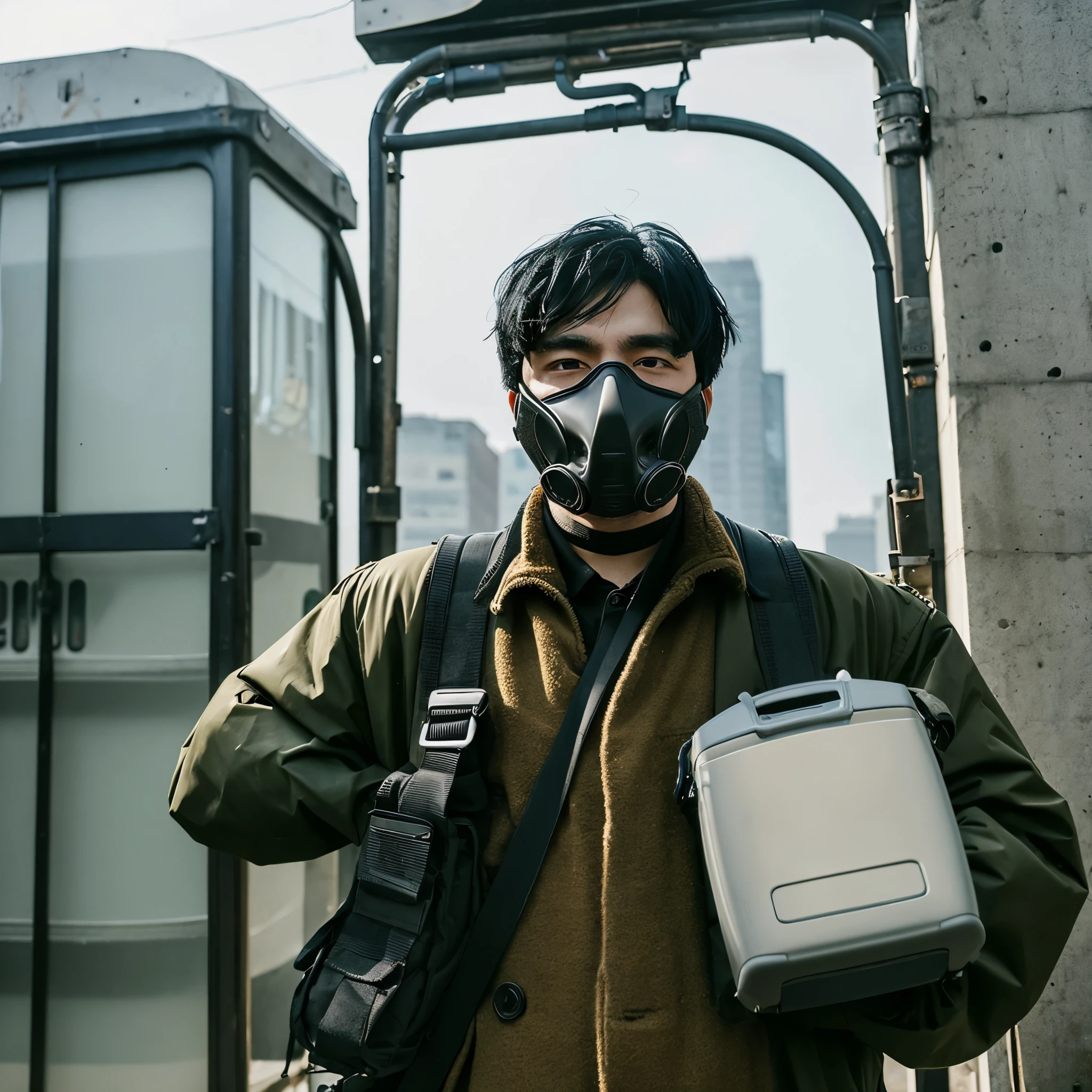 A man wearing a gas mask and black hair holds a pair of safety guards.
