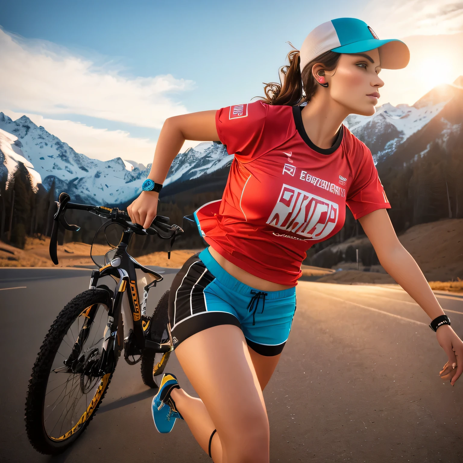 Beautiful 24 year old woman cinnamon skin fitness body running with a mountain bike, in shorts and top, textura de piel, ultrarealista, gran angular, ultra detallado, detalles intricados, octanaje renderizado, iluminacion volumetrica, golden ratio, imagen 3D, K resolution. Photo Style Lens 50mm, apertura F 2.5. Sugerencias: No debe salir: Borroso, ruido, grano, mala anatomia, malas proporciones, mal arte, mal dibujado, cara mal dibujada, mutado, mutilado, morbid, miembros perdidos, miembros extras, miembros flotantes, miembros fusionados, fuera de foco, fuera de marco, cartoon, plastico