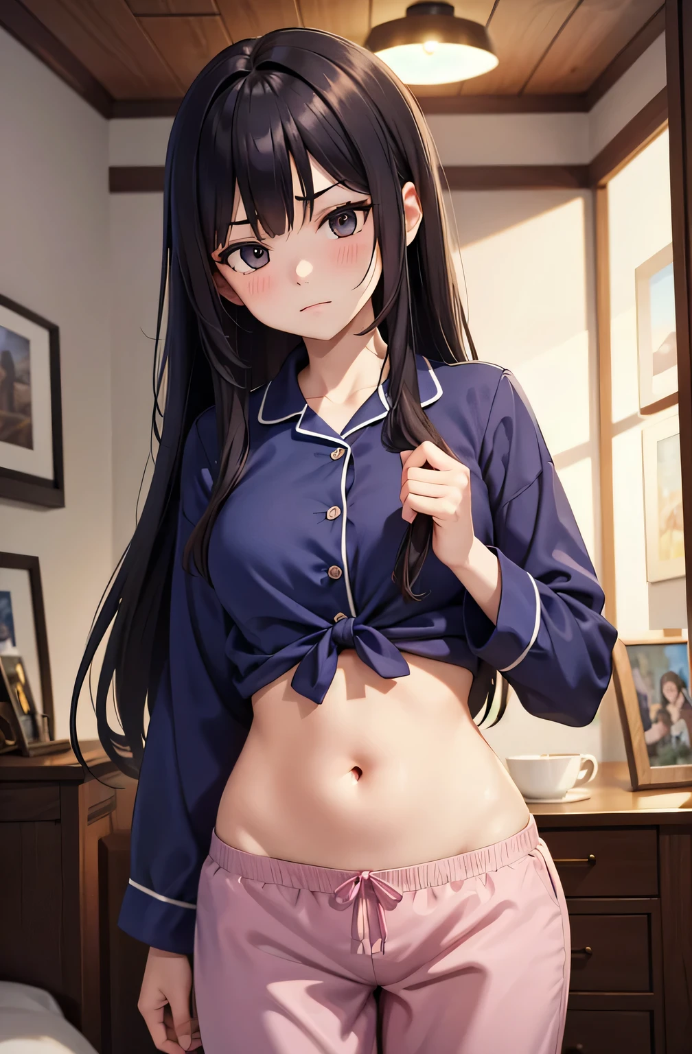 super fine illustration, vibrant colors, masterpiece, sharp focus, best quality, depth of field, cinematic lighting, ultra detailed, sleeves, crop top, pajamas, button up, pajama pants, drawstring, belly button, midriff, wide hips, 1 woman, home, solo, milf, very messy hair, dark color hair, long hair, slender, blush, room, indoors, pouting, mature female, tall woman, medium breasts, v-shaped eyebrows, h hip pose