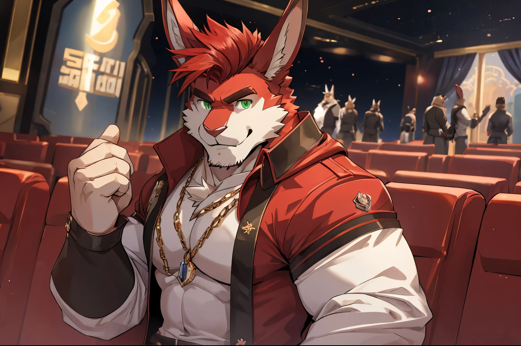perfect face, bara furry, rabbit man, big body, cardinal skin, short quiff red hair, green eyes, perfect eyes, big rabbit ears, handsome, in the cinema