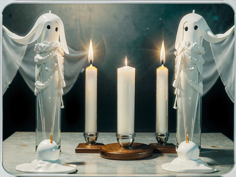 close-up candlestick, standing on the table, surrounded by ghosts