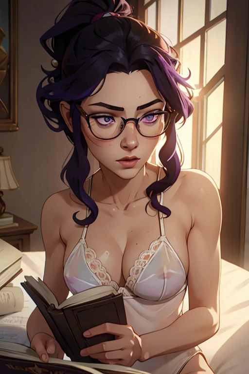 masterpiece, best quality, 1girl, solo, TwilightHuman, ponytail, purple hair fringes, dark purple eyes, glasses, pale skin, , scrawny, bookworm, , wild curly black hair, curly hair, long hair, wild hair, hazel eyes, cinematic natural light, organic dust particles in the light, sensual, 4k, look at camera, highly detailed face, close-up of face, sitting in white see-through lace  on bed with a book