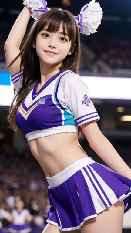 highest quality, masterpiece, Ultra-high resolution, (Realistic:1.4), RAW Photos, One girl, Most popular Japanese idols, Wearing only colorful cheerleading uniforms, Cheerleading at the stadium, From below, Dynamic Pose, The best smile, ((Similar to Nogizaka46's Erika Ikuta)), Very beautiful big black eyes, Very beautiful medium-long black hair, Very beautiful thighs, Very beautiful arms, Upturned buttocks, View your viewers, Detailed colorful cheerleading uniforms,(Low angle shot)((Not suitable for NSFW)