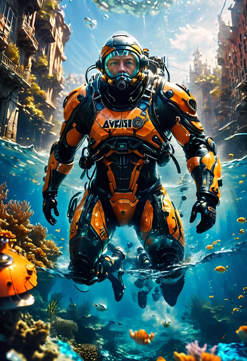 Diving man, Diving suit, underwater city, by Bjarke Ingels, best quality, masterpiece, very aesthetic, perfect composition, intricate details, ultra-detailed