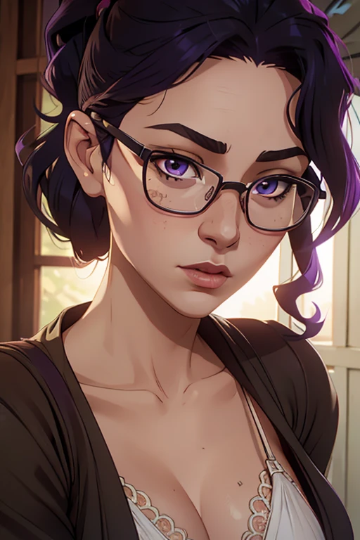 masterpiece, best quality, 1girl, solo, TwilightHuman, ponytail, purple hair fringes, dark purple eyes, glasses, pale skin, medium breasts, scrawny, bookworm, topless, wild curly black hair, curly hair, long hair, wild hair, hazel eyes, cinematic natural light, organic dust particles in the light, sensual, 4k, look at camera, highly detailed face, close-up of face, wearing white lace underwear