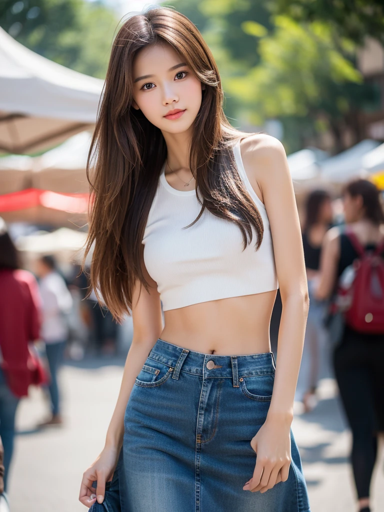 Realistic, 1 girl, long brown hair, slim body,slim face, jeans skirt, crop top, city street,
market, bokeh,