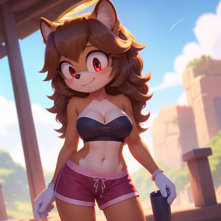 mobian, hedgehog, two-tone fur ((orange fur, brown fur)), pyjama elastic shorts, strapless crop top, cleavage, high-top sneakers, two-tone hair (brown hair, black tip)), curly hair, halo, sunglasses, jewelry, red eyes, longeyelashes, red eyes, smile, shy, blush, high detail, masterpiece, UHD, anatomically correct, super detail, highres, 4K