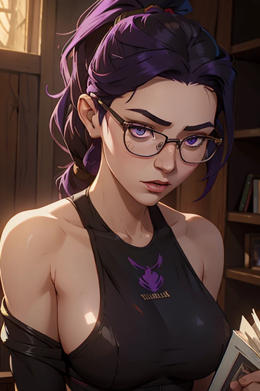 masterpiece, best quality, 1girl, solo, TwilightHuman, ponytail, purple hair fringes, dark purple eyes, glasses, pale skin, medium breasts, scrawny, bookworm, topless, wild curly black hair, curly hair, long hair, wild hair, hazel eyes, cinematic natural light, organic dust particles in the light, sensual, 4k, look at camera, highly detailed face, close-up of face, wearing a skin tight white swimsuit, exaggerated grin