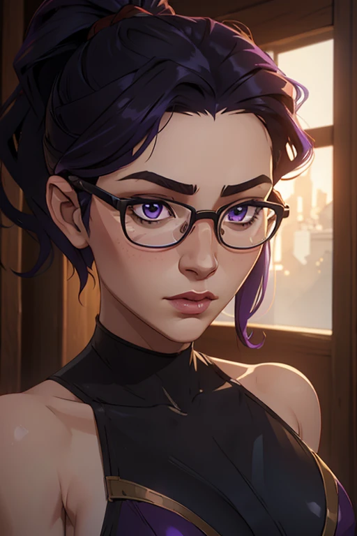 masterpiece, best quality, 1girl, solo, TwilightHuman, ponytail, purple hair fringes, dark purple eyes, glasses, pale skin, medium breasts, scrawny, bookworm, topless, wild curly black hair, curly hair, long hair, wild hair, hazel eyes, cinematic natural light, organic dust particles in the light, sensual, 4k, look at camera, highly detailed face, close-up of face, wearing a skin tight swimsuit