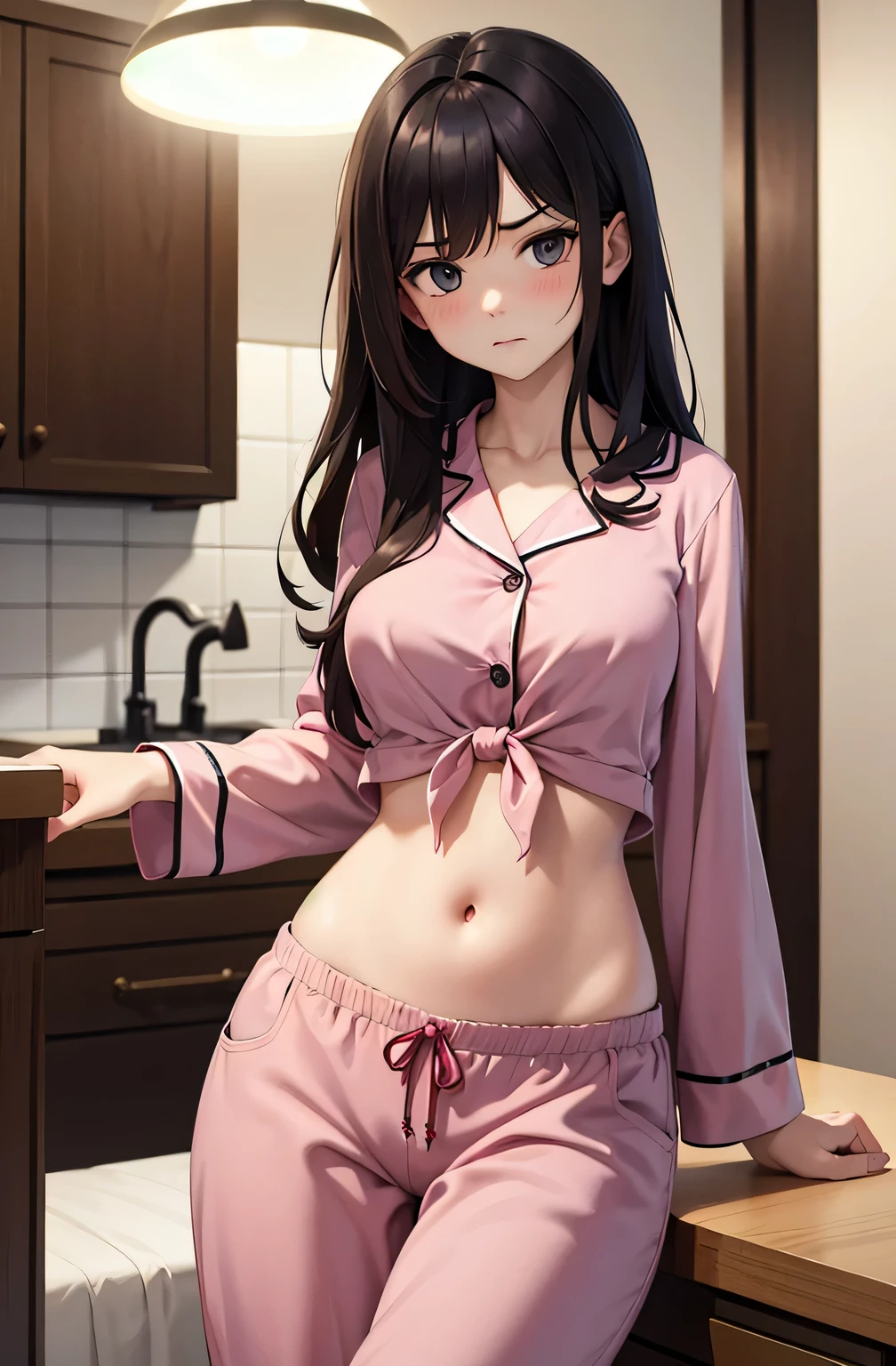 super fine illustration, vibrant colors, masterpiece, sharp focus, best quality, depth of field, cinematic lighting, ultra detailed, long sleeves, crop top, pajamas, on-up, pajama pants, drawstring, belly buttwide hips, 1 woman, kitchen, solo, milf, veessy hair, dark color hair, tied hair, slender, blush, room, indoors, annoyed, mature femall woman,