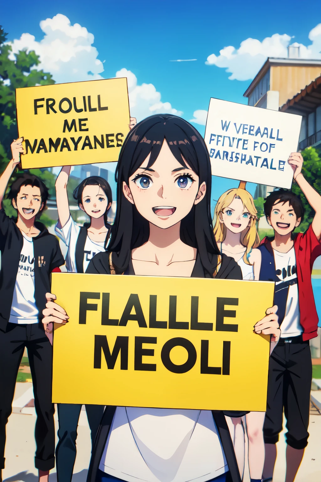 group of young people holding a sign, todos felices ((mejor calidad)), ((Obra maestra)), (detallado), cara perfecta, ojos perfectos