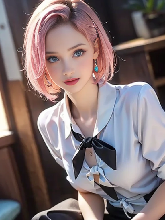 (best quality, 8k, photorealistic:1.5), (solo, one girl:1.5),(shine a bright light on women),(ultimate beautiful girl),(shiny skin),(oily skin),(pink hair:1.5),(short hairstyle:1.3),(cool beauty),Blush brown makeup , dark eye makeup , use pink glossy lipstick,(big beady eyes girl:1.5),(droopy eyes girl:1.5),(blue eyes:1.5),(thin girl:1.5),(baby face girl:1.5),(sex appeal),(sweet smelling girl),(she works for low wages),(kind-hearted woman),(she has a nice smile),(woman with a happy look),(she is very sociable),(from a very poor family),(virgin girl),(She is a secret pervert.),(she covertly lewd),(she looks so erotic),chuuChloe,(woman with very soft breasts),(woman fantasizing about sex),(allurement),(impressive eyes:1.5),(clean girl),(affability),(cute smile),(good personality),(serious personality),(wants sex),(want to masturbate),(want to have sex forcibly),(relaxing time),(hair ornaments),(compassion),(impurity),(love filled),(get horny),(No love experience),(private room),(teenager),(childish smile),(ribbon tie blouse:1.5)