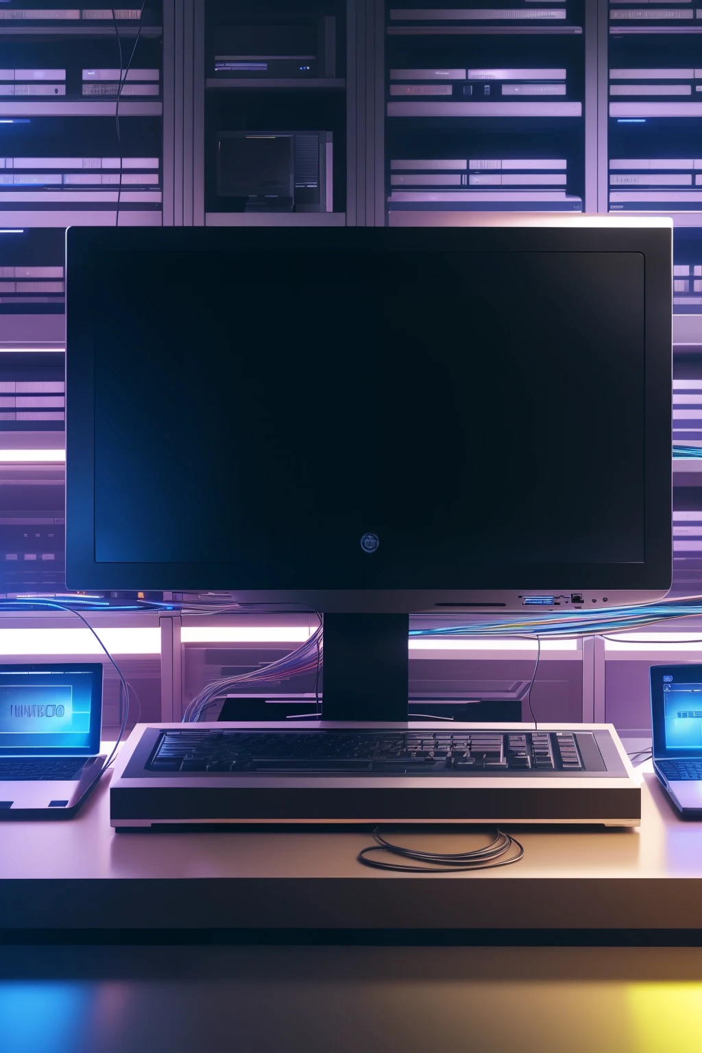 Digital library, (high-tech: 1.3), (sleek design: 1.2), shelves stacked with hard disks, (well-organized: 1.2), monitor in the foreground, (vibrant screen: 1.3), robot, (metallic: 1.3), (intricately designed: 1.2), typing on the keyboard, (sharp focus: 1.2), (detailed: 1.1), wires and cables neatly arranged, (modern: 1.1), (futuristic: 1.1), background blurred, (minimalistic: 1.1),