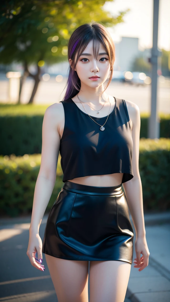 1 girl, 最high quality, masterpiece, High resolution, [purple|Sliver|green] _hair, Black mini skirt, hair accessory, necklace, jewelry, Beautiful Face, I&#39;m looking forward to, Full Body View, Realistic, Outdoor, modern square, Two-tone lighting, (Skin with attention to detail: 1.2), 8K Ultra HD, Digital SLR, Soft Light, high quality, Volumetric Light, Frank, photograph, High resolution, 4K, 8k, Background Blur