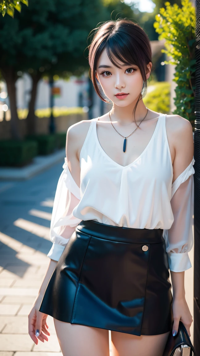 1 girl, 最high quality, masterpiece, High resolution, [purple|Sliver|green] _hair, Black mini skirt, hair accessory, necklace, jewelry, Beautiful Face, I&#39;m looking forward to, Full Body View, Realistic, Outdoor, modern square, Two-tone lighting, (Skin with attention to detail: 1.2), 8K Ultra HD, Digital SLR, Soft Light, high quality, Volumetric Light, Frank, photograph, High resolution, 4K, 8k, Background Blur