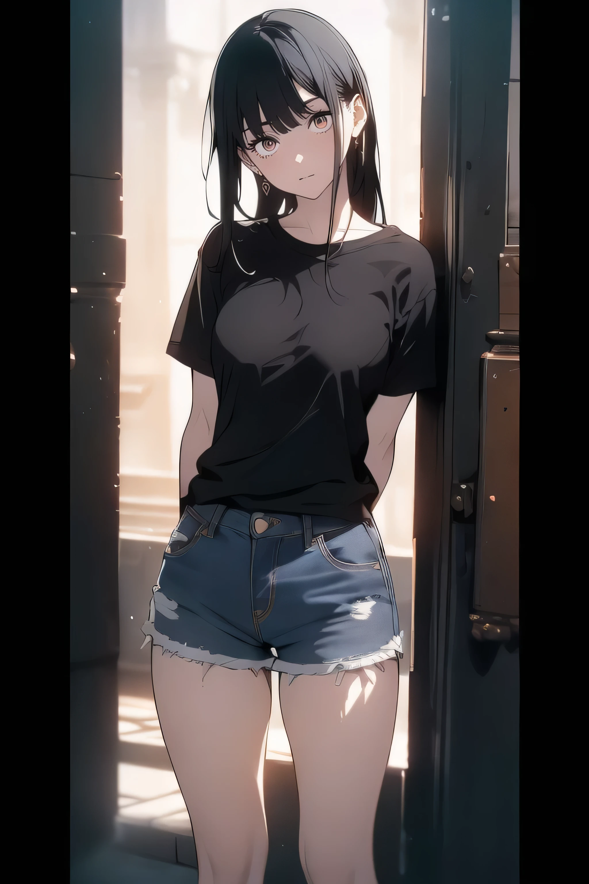 (((masterpiece, Best Quality, Ultra-high resolution))), ((expressive brown eye)), Clear view of happy girl standing in club and waiting for someone)), (Black T-shirt, Jeans Shorts, Black Hair, long dark Black Hair), Pale skin, ((brown eye)), (Shine_eye), ((Centered)), ((Wide Shot)), In-person audience, ((indoor , Purple and black lights, Black dancing silhouettes:0.9)), Medium chest, View your viewers, ((perfect hand)), (((head:1, arms, hand, elbow, Thighs, In the view))), Vibrant eye, Beautiful lighting, background, ((Defined Subjects)), Age 25, (head tilt), (((nice))), ((Vibrant)), (((Reserved pose))), ((Perfect Anatomy))