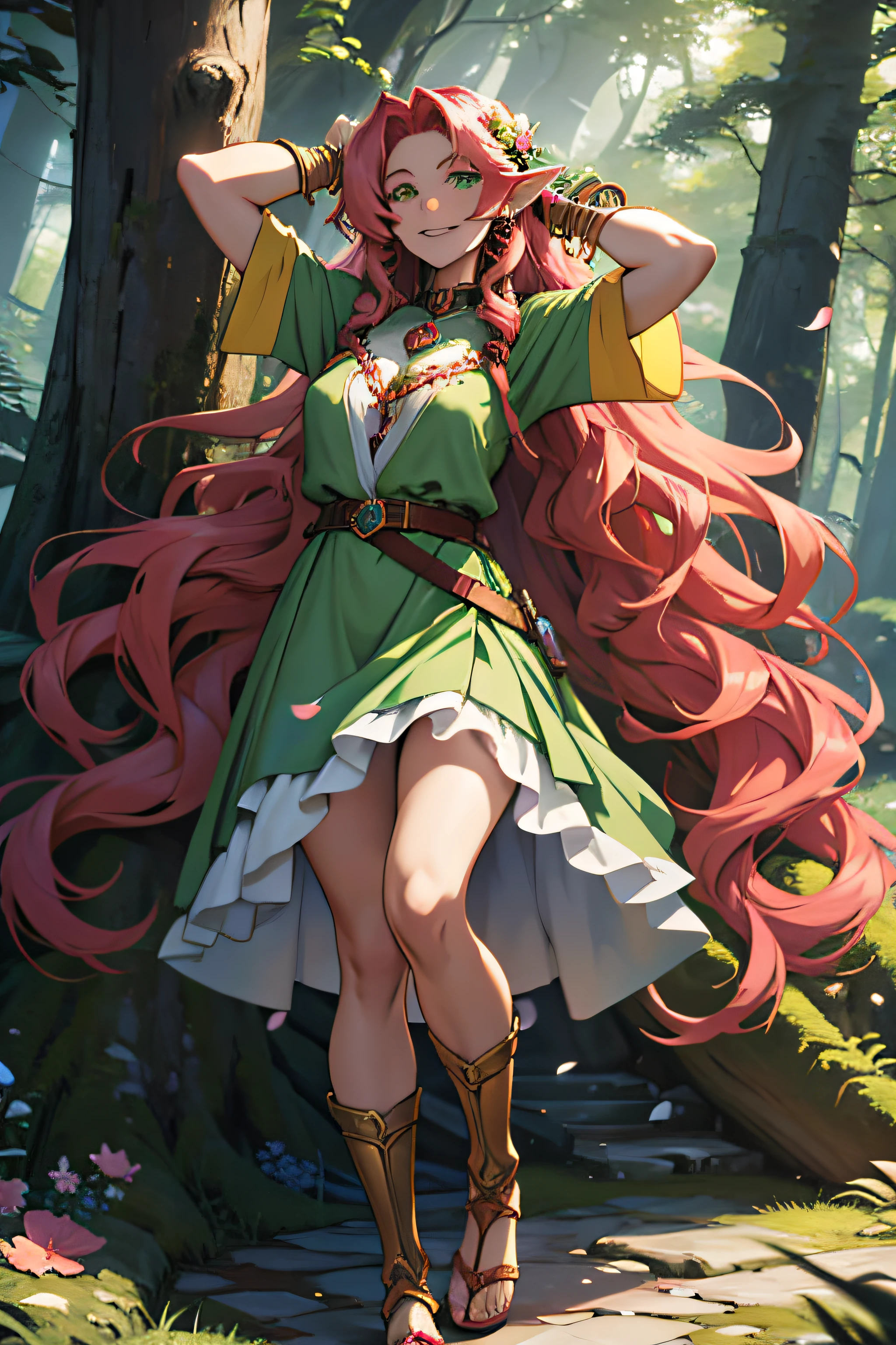 anime elf woman with very long wavy red hair, druid clothing a green dress with flowers and tree bark accents, pink cloth wrapped around her legs and arms, a golden bracer with gems on one of her wrists. long hair, digital dungeons and dragons, detailed digital anime art, digital forest, flowers, wild flowers, aesthetic, anime, full body, detailed green eyes, smile, playful