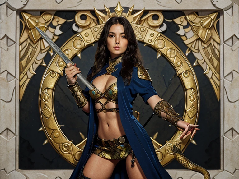 woman-warrior, drawn in fantasy style, with a sword in his hands in the form of a snake