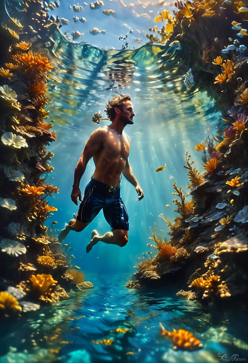 Diving man, by joel robison, best quality, masterpiece, very aesthetic, perfect composition, intricate details, ultra-detailed