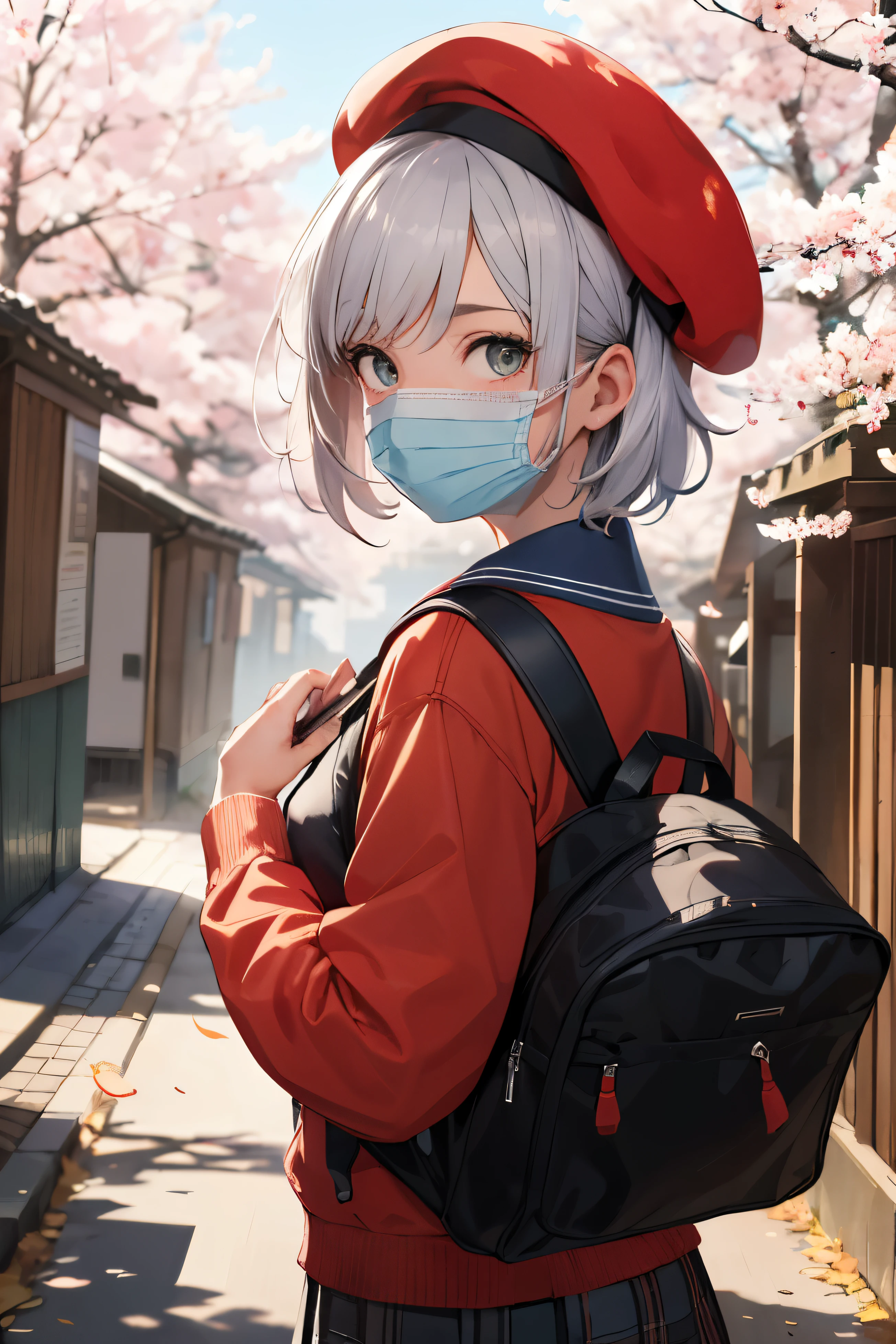 ((best quality)), ((masterpiece)), (detailed), perfect face, girl, silver short hair, red sailor , red beret on head, autumn alley of sakura trees, wind blowing leaves(sakura leaves floating in the air),cats in background, girl dancing, school bag in her hand, view from far height, sick mask over mouth