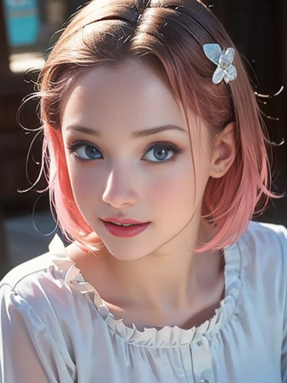 (best quality, 8k, photorealistic:1.5), (solo, one girl:1.5),(shine a bright light on women),(ultimate beautiful girl),(shiny skin),(oily skin),(pink hair:1.5),(short hairstyle:1.3),(cool beauty),Blush brown makeup , dark eye makeup , use pink glossy lipstick,(big beady eyes girl:1.5),(droopy eyes girl:1.5),(blue eyes:1.5),(thin girl:1.5),( girl:1.5),(sex appeal),(sweet smelling girl),(she works for low wages),(kind-hearted woman),(she has a nice smile),(woman with a happy look),(she is very sociable),(from a very poor family),(virgin girl),(She is a secret pervert.),(she covertly lewd),(she looks so erotic),chuuChloe,(woman with very soft breasts),(woman fantasizing about sex),(allurement),(impressive eyes:1.5),(clean girl),(affability),(cute smile),(good personality),(serious personality),(wants sex),(want to masturbate),(want to have sex forcibly),(relaxing time),(hair ornaments),(compassion),(impurity),(love filled),(get horny),(No love experience),(private room),(teenager),(childish smile),(blouse:1.5)
