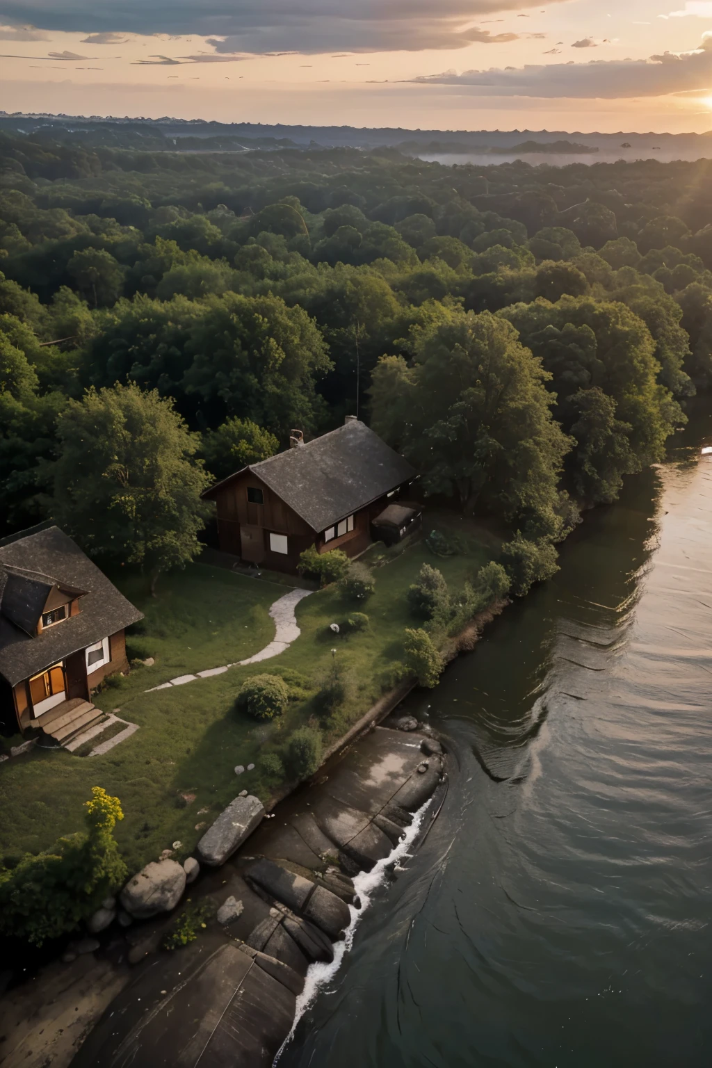a simple and cozy house on the edge of a river in the forest with a relaxing landscape with birds flying, com um por do sol deslumbrante. 