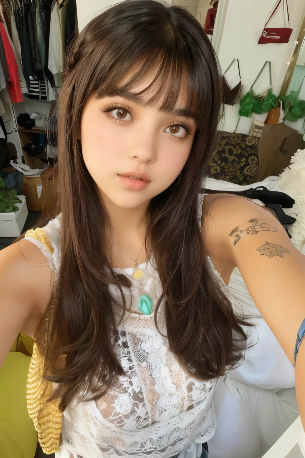 mulher arafa com longos cabelos castanhos e blusa branca, long hair com franja, com franja, brown long hair com franja, cabelo castanho e franja, long hair com franja completa, brown hair com franja, com franja completa, neat hair com franja, franja de cortina, Isabela Moner, franja repartida ao centro, franja fofa, she has black hair com franja