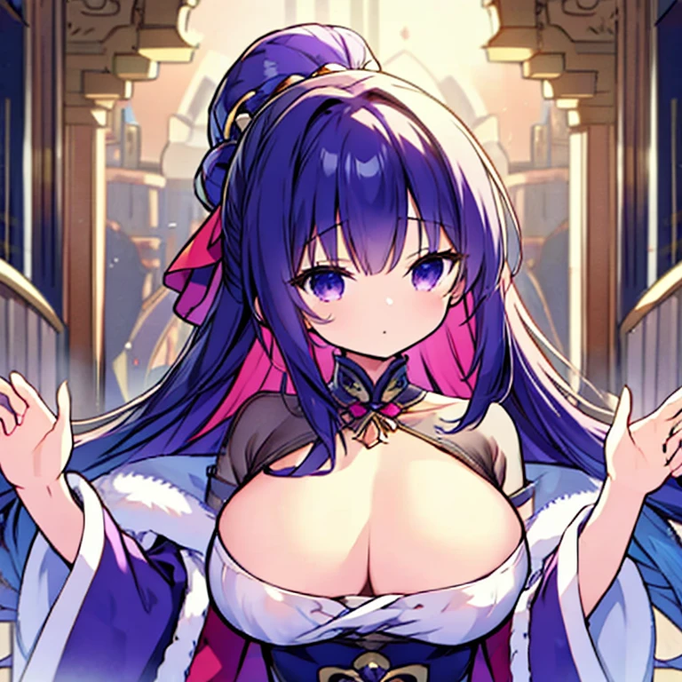 ((masterpiece, highest quality, Very detailed, Perfect Anatomy)), エッチなAnime Girls, Anime Girls, One Girl, Very large breasts :10000.0, Very sensual, Valley accentuated, Wizard, Purple Robe, Wizardの帽子, Long Hair, Thick blue hair, blush, Holding a walking stick