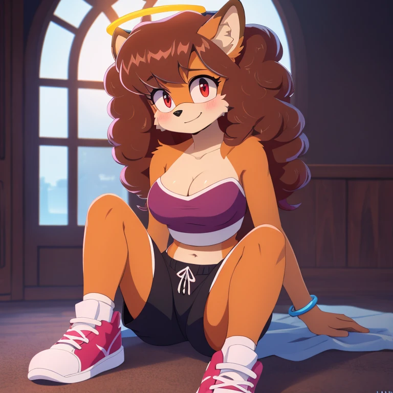 mobian, hedgehog, two-tone fur ((orange fur, brown fur)), pyjama elastic shorts, strapless crop top, cleavage, high-top sneakers, two-tone hair (brown hair, black tip)), curly hair, halo, sunglasses, jewelry, red eyes, longeyelashes, red eyes, smile, shy, blush, high detail, masterpiece, UHD, anatomically correct, super detail, highres, 4K