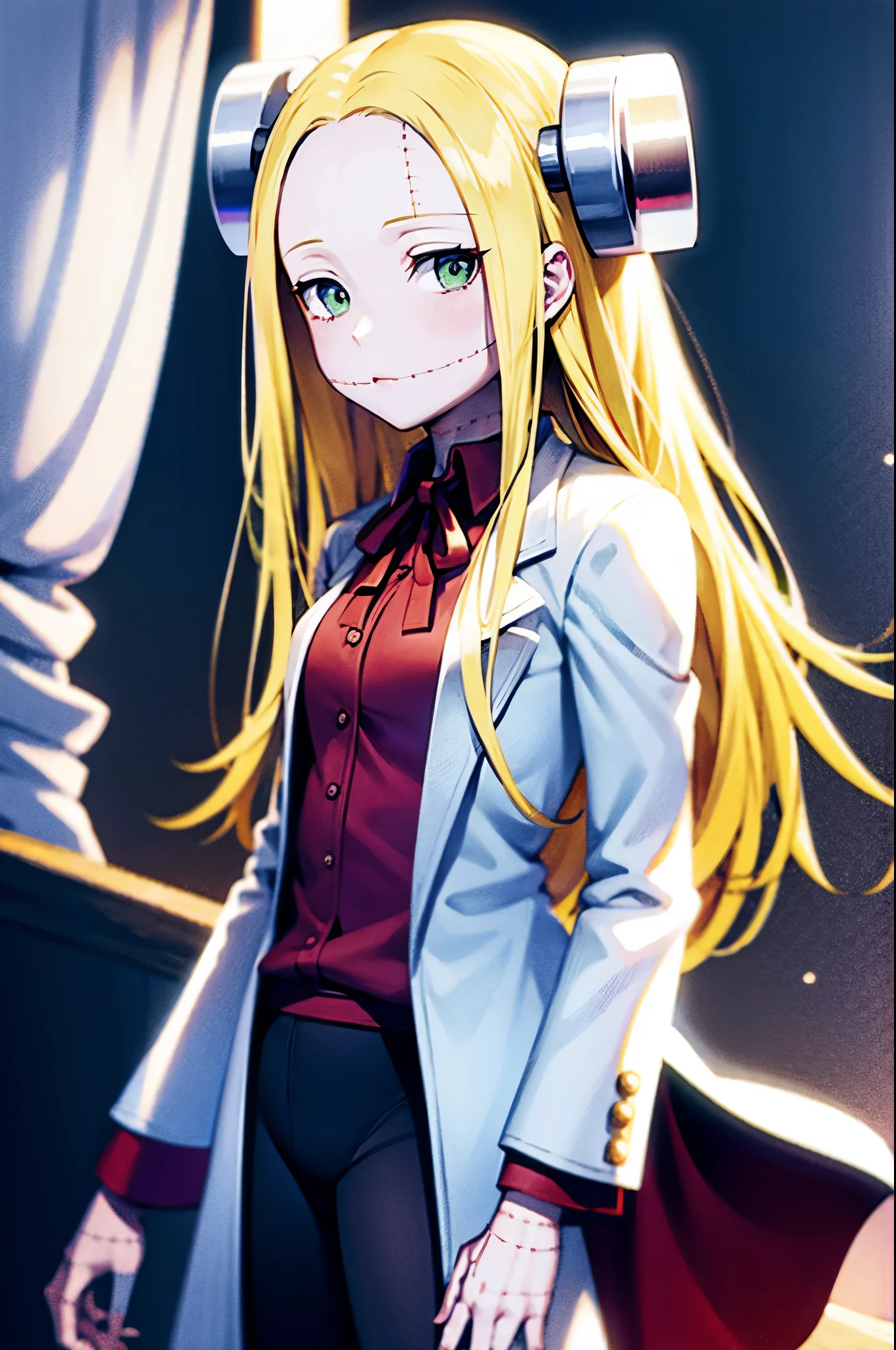 Fran,young woman,White lab coat,((Calm)), long hair , yellow hair,seams , Scars on the body , (Points Forward),