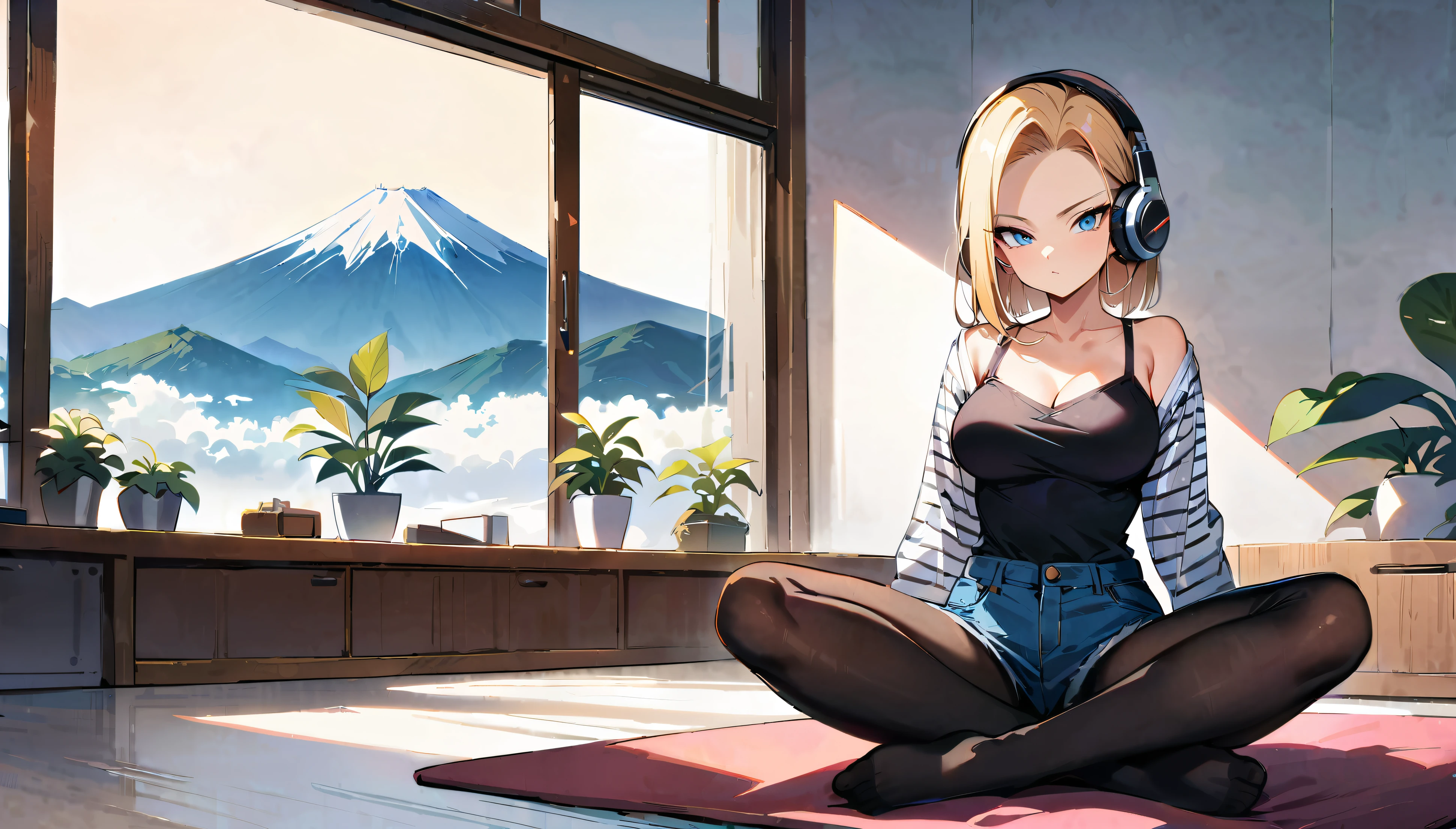 (masterpiece, best quality:1.2), frontal full body shot, Android 18 from Dragon Ball, slender feminine figure, sitting with legs crossed at ankles, each foot on opposite thigh, facing camera, upright spine, Zen meditation pose, narrow waistline, (white over-ear headphones must be worn), short blonde hair, blue eyes, earrings on earlobes, denim vest, black pantyhose, black cropped camisole, denim shorts, striped long sleeves, sitting on yoga mat, white potted plant behind, small white potted plant foreground, minimalist white room, no brown furniture or wood tones, all furniture and surfaces must be white, window with Mt.Fuji outside, 4K