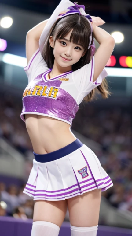 highest quality, masterpiece, Ultra-high resolution, (Realistic:1.4), RAW Photos, One girl, Most popular Japanese idols, Wearing only colorful cheerleading uniforms, Cheerleading at the stadium, From below, Dynamic Pose, The best smile, ((Similar to Nogizaka46&#39;s Erika Ikuta)), Very beautiful big black eyes, Very beautiful medium-long black hair, Very beautiful thighs, Very beautiful arms, Upturned buttocks, View your viewers, Detailed colorful cheerleading uniforms,((Buckshot)）、((Non-NSFW works)）