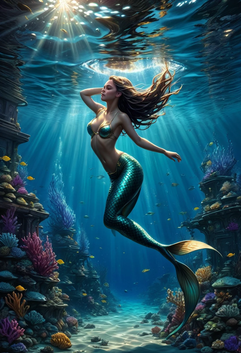 1girl, Diving, macro mermaid diving in the ocean; Epic cinematic brilliant stunning intricate meticulously detailed dramatic atmospheric maximalist digital matte painting Mark Brooks and Dan Mumford, comic book art, perfect, smooth oil painting by James Gurney trending on Artstation Unreal Engine 5 3D shading shadow depth volumetric lighting