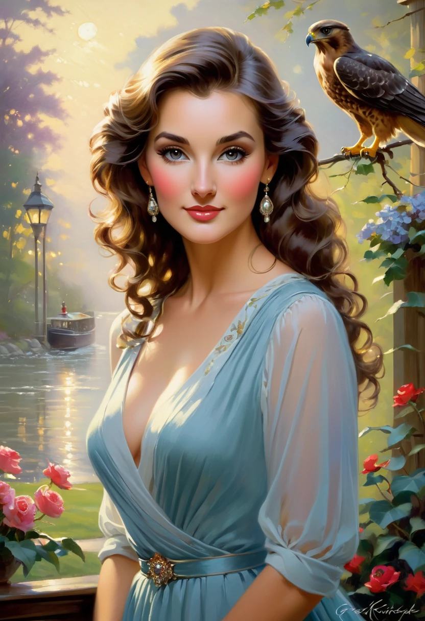 A beautiful woman with large elegant, hawk-like nose, who embodies old fashioned class, sophistication, elgance as well as wholesome, natural beauty. In the combined styles of painters Greg Rutkowski, Thomas Kinkade
