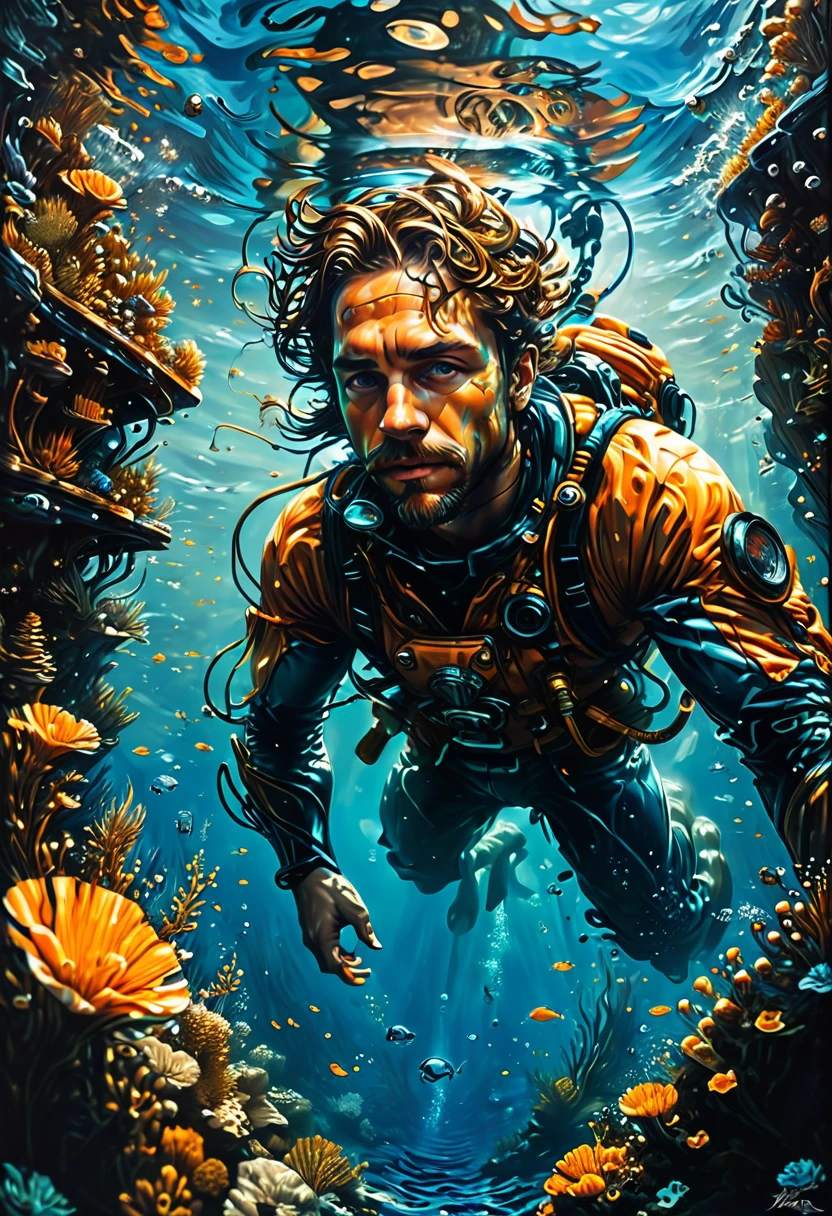 Diving man, underwater, by dan mumford, best quality, masterpiece, very aesthetic, perfect composition, intricate details, ultra-detailed
