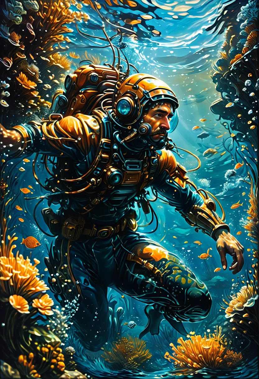 Diving man, underwater, by dan mumford, best quality, masterpiece, very aesthetic, perfect composition, intricate details, ultra-detailed