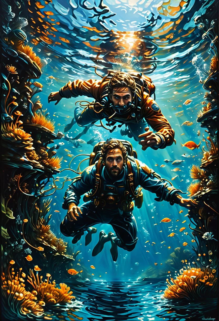 Diving man, underwater, by dan mumford, best quality, masterpiece, very aesthetic, perfect composition, intricate details, ultra-detailed