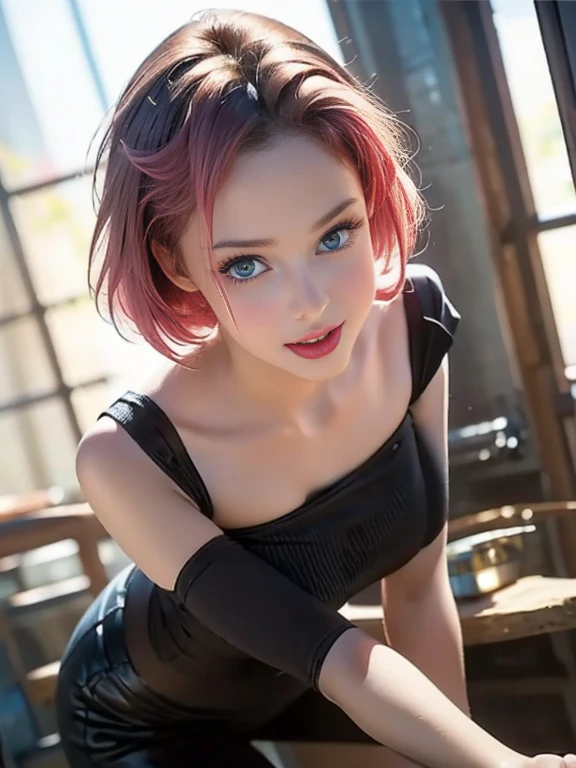 Black hair, red highlights in hair, red stripes in hair, short hair, bob cut, bangs,blue eyes, red lipstick, red eye shadow, mascara, beautiful face, love heart chocker, smiling, happy, blushing, laying on a bed, on her back, legs spread apart, naked, nsfw