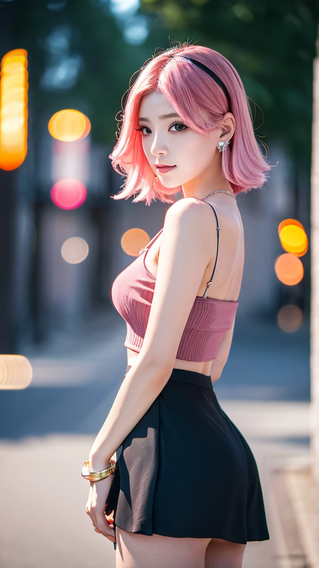 1 girl, 最high quality, masterpiece, High resolution, Pink Hair, Black mini skirt, Hair accessories, necklace, jewelry, Beautiful Face, Big Ass、Panties、I&#39;m looking forward to, Full Body View, Realistic, Outdoor, modern square, Two-tone lighting, (Skin with attention to detail: 1.2), 8K Ultra HD, Digital SLR, Soft Light, high quality, Volumetric Light, Frank, photograph, High resolution, 4K, 8k, Background Blur